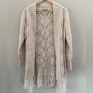 Black Tape Knit Oatmeal Cream Tassel Fringe Open Front Cardigan